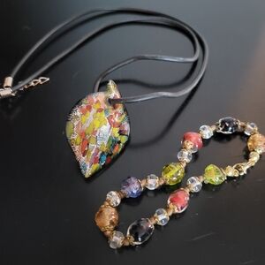 Murano Leaf Pendant Necklace and Beaded Bracelet Set